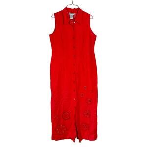 Plaza South Linen Blend Red button front midi dress embroidered mirror accent 10